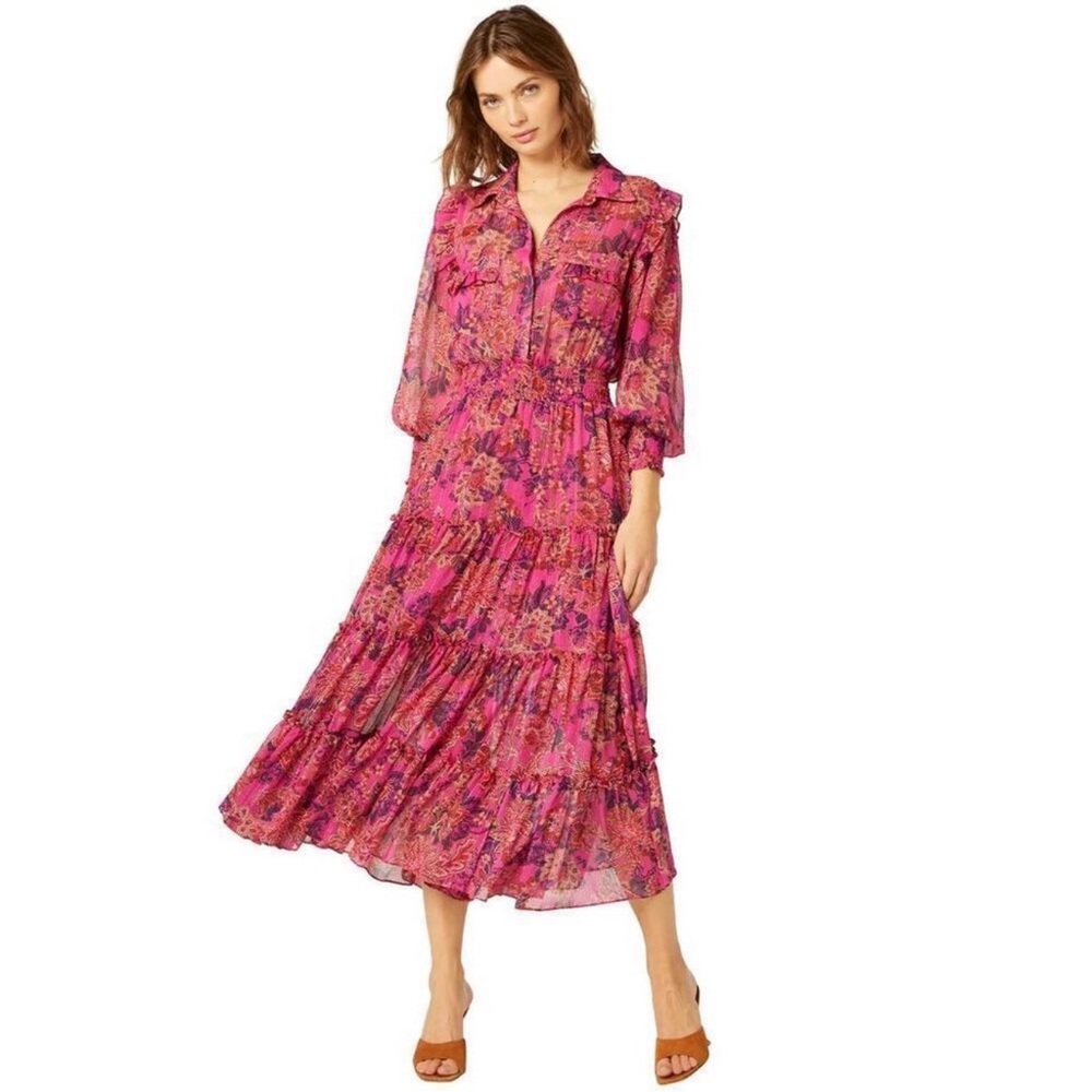 Misa Marjan Floral-print Blouson Sleeve Maxi Dress in Chiffon Size L